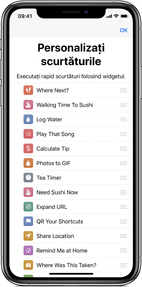 Ecranul de gestionare a scurtăturilor.