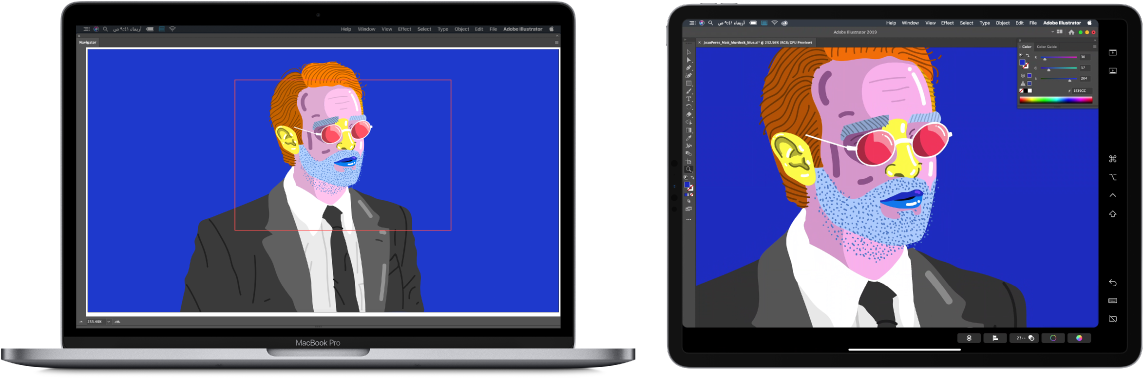 جهاز MacBook Pro و iPad جنبًا إلى جنب. يعرض الـ MacBook Pro عملاً فنيًا داخل نافذة المستكشف في Illustrator. يعرض الـ iPad نفس العمل الفني في نافذة مستند في Illustrator، محاطًا بأشرطة أدوات.