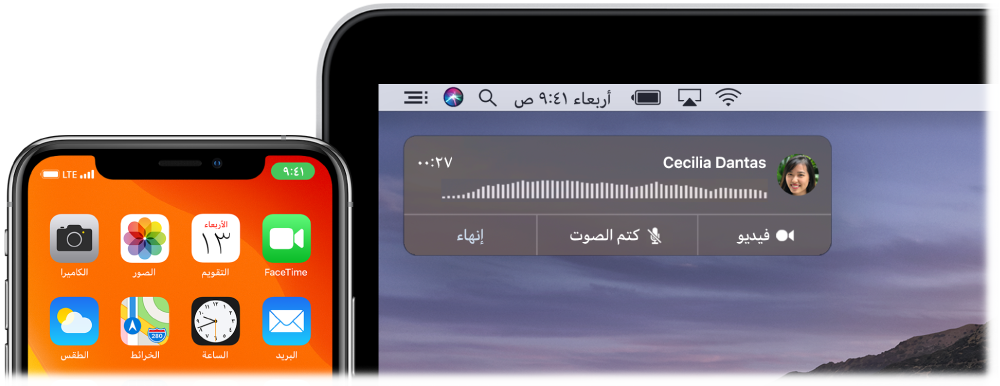 شاشة Mac تعرض نافذة إشعار المكالمة في الزاوية العلوية اليسرى، وiPhone يعرض أن مكالمة ما قيد التقدم من خلال الـ Mac.
