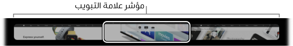 مؤشر علامات التبويب في الـ Touch Bar الخاص بتطبيق Safari. وهو يعرض معاينة صغيرة لكل علامة تبويب مفتوحة.