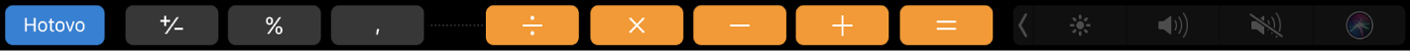 Touch Bar Kalkulačky v režimu úprav s tlačítkem Hotovo na levé straně