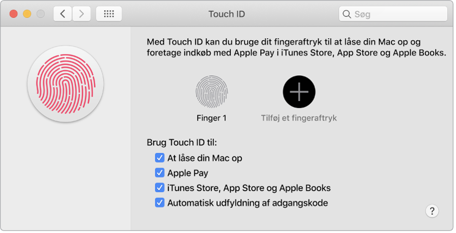 Vinduet til Touch ID-indstillinger med indstillinger til tilføjelse af fingeraftryk og brug af Touch ID til at låse din Mac op, brug af Apple Pay og køb i iTunes Store, App Store og boghandlen.