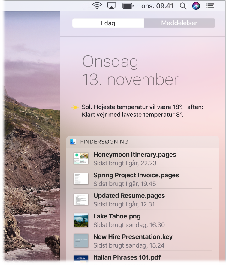 En skærm med en del af skrivebordet, der viser Meddelelsescenter med fanen I dag valgt.