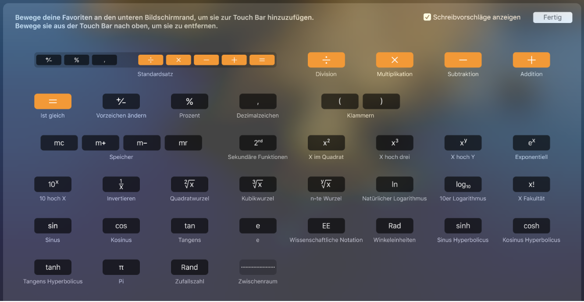 Die Objekte können angepasst werden, indem du sie in die Touch Bar bewegst.