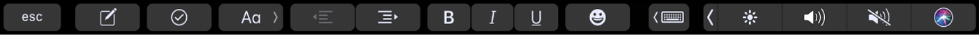 Die Notizen-Touch Bar mit Tasten für die Textformatierung Die Formatierungsoptionen umfassen die Ausrichtung nach links oder rechts, fette und kursive Schrift sowie Unterstreichen. Außerdem gibt es eine Taste zum Anzeigen von Schreibvorschlägen.