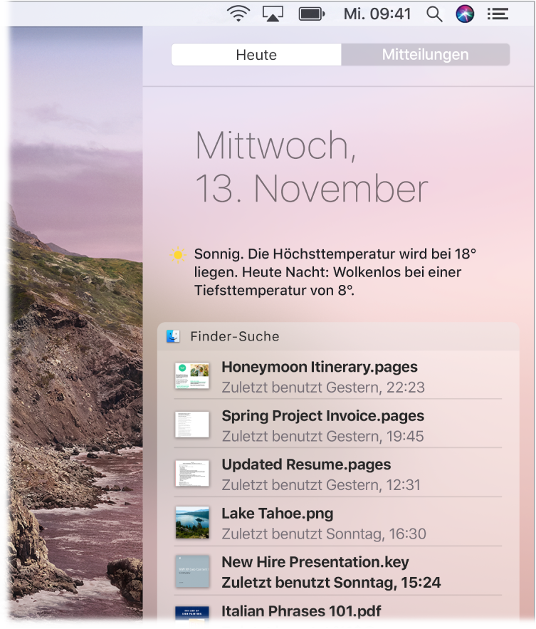 Eine Teilansicht des Schreibtisches mit der geöffneten Mitteilungszentrale und dem ausgewählten Tab „Heute“