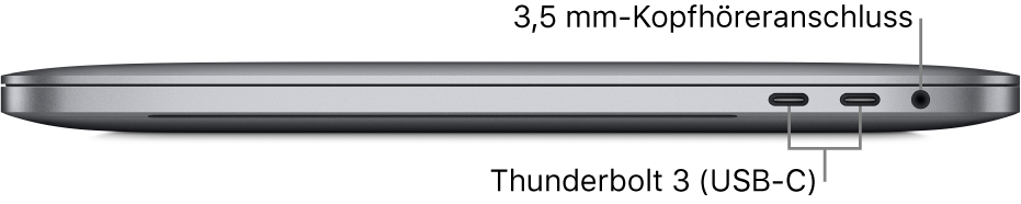 Ansicht der rechten MacBook Pro-Seite mit Beschriftungen der zwei Thunderbolt 3-Anschlüsse (USB-C) sowie des 3,5-mm-Kopfhöreranschlusses