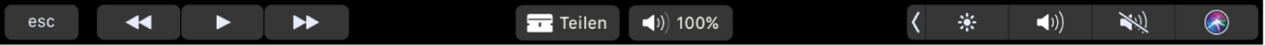 Die iMovie-Touch Bar, wenn ein Clip wiedergegeben wird. Sie umfasst Tasten zum Zurückspulen, Wiedergeben, schnellen Vorspulen, Teilen sowie zum Anpassen der Lautstärke.