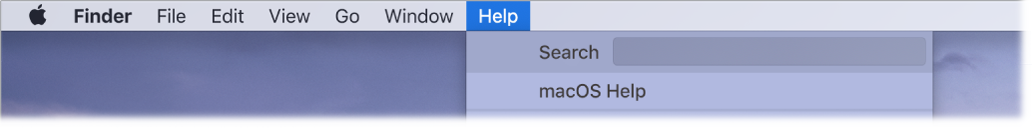 A partial desktop with the Help menu open, showing the menu options Search and macOS Help.