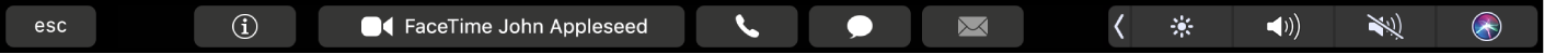 The FaceTime Touch Bar displaying buttons for getting info about a contact, and for making a video or audio call, or sending a message or email.