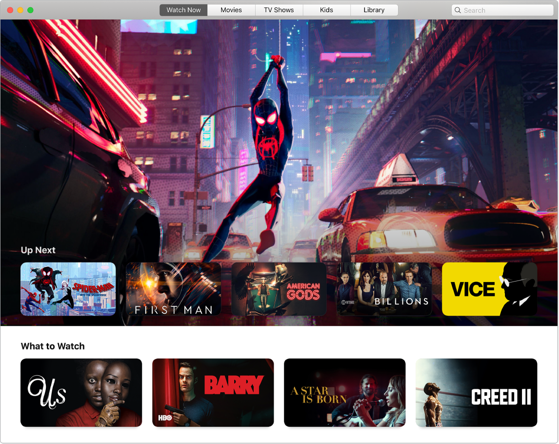 An Apple TV app window showing the Watch Now view.
