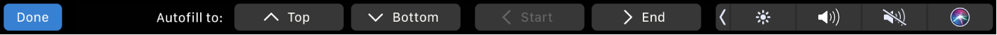 The Numbers Touch Bar with Autofill buttons displayed. These include top, bottom, start, and end.