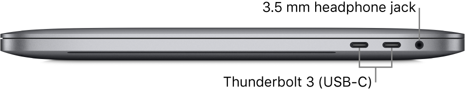 The right side view of a MacBook Pro with callouts to the two Thunderbolt 3 (USB-C) ports and the 3.5 mm headphone jack.