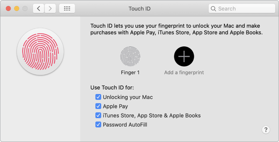 The Touch ID preferences window with options for adding a fingerprint and using Touch ID to unlock your Mac, use Apple Pay, and buy from the iTunes Store, App Store, and Book Store.