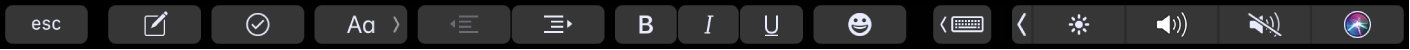 The Notes Touch Bar with text formatting buttons. Formatting controls include left and right align, bold, italic, and underline. There’s also a button to show typing suggestions.