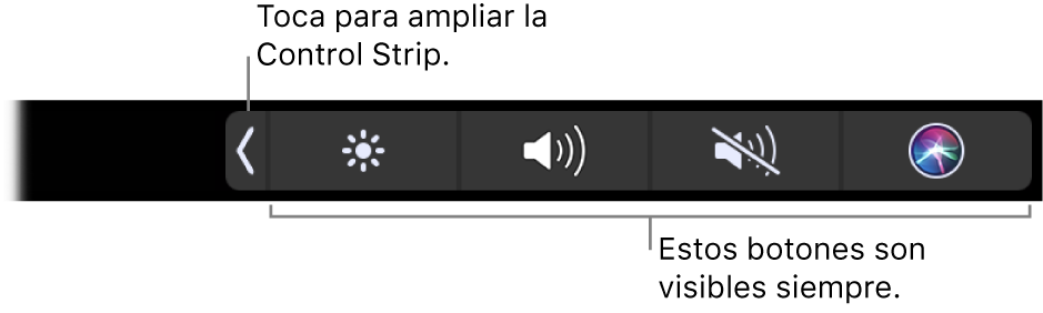 Pantalla parcial que muestra la Touch Bar por omisión, donde se ve la Control Strip contraída. Toca el botón Expandir para ver toda la Control Strip.