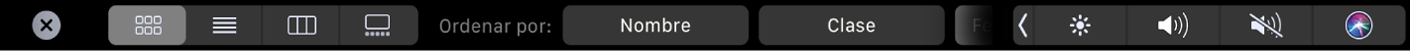 Touch Bar del Finder mostrando opciones de visualización y ordenado.