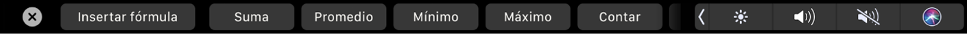 Touch Bar de Numbers con los botones de Fórmula. Estos incluyen suma, promedio, mínimo, máximo y cuenta.