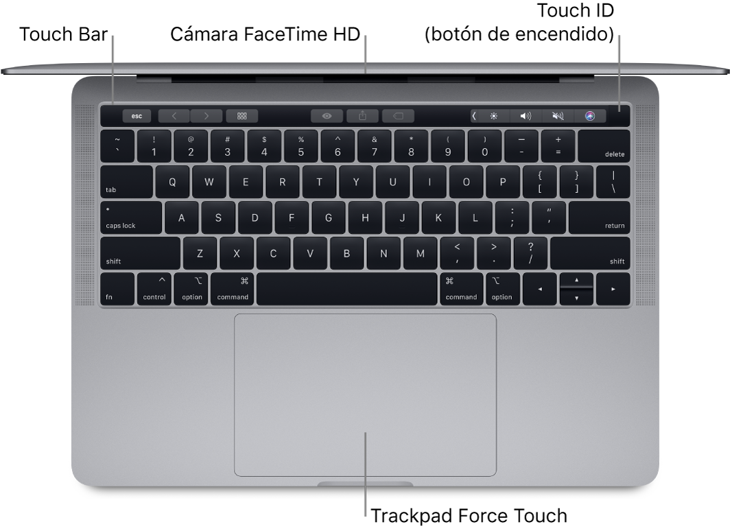 Visualización superior de una MacBook Pro abierta, con textos que indican la Touch Bar, la cámara FaceTime HD, el sensor Touch ID (el botón de encendido) y el trackpad Force Touch.