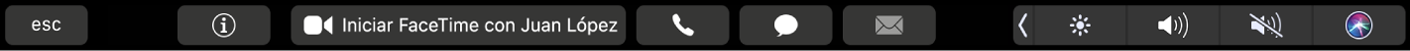 Touch Bar de FaceTime mostrando botones para obtener información de un contacto, para realizar una llamada de video o una llamada de audio, o para enviar mensajes y correos.