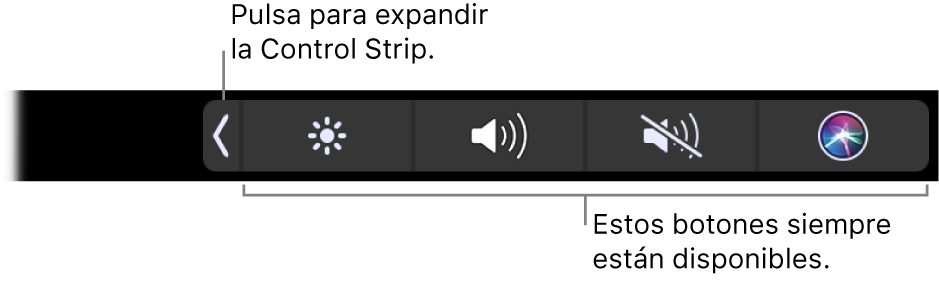 Pantalla parcial de la Touch Bar por omisión, con la Control Strip comprimida. Pulsa el botón de ampliar para mostrar la Control Strip completa.