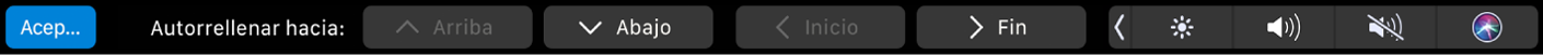 La Touch Bar de Numbers con los botones de Autorrelleno. Estos incluyen arriba, abajo, inicio y fin.