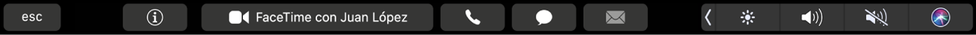 La Touch Bar de FaceTime con botones para obtener información sobre un contacto y para realizar una llamada de vídeo o audio o enviar un mensaje o un mensaje de correo electrónico.