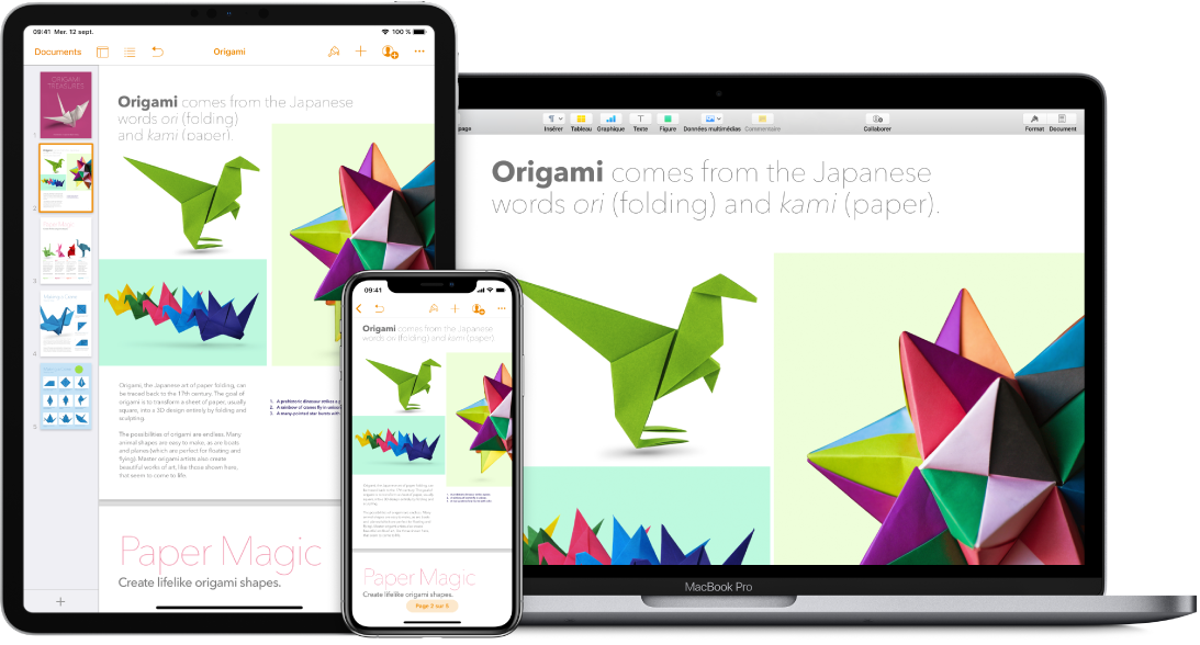 Contenu identique affiché sur un MacBook Pro, un iPad et un iPhone.