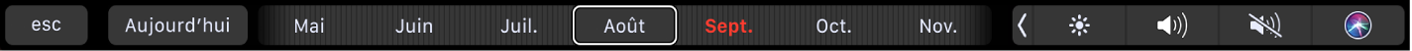 Touch Bar de Calendrier avec le bouton Aujourd’hui et un curseur pour sélectionner un mois.