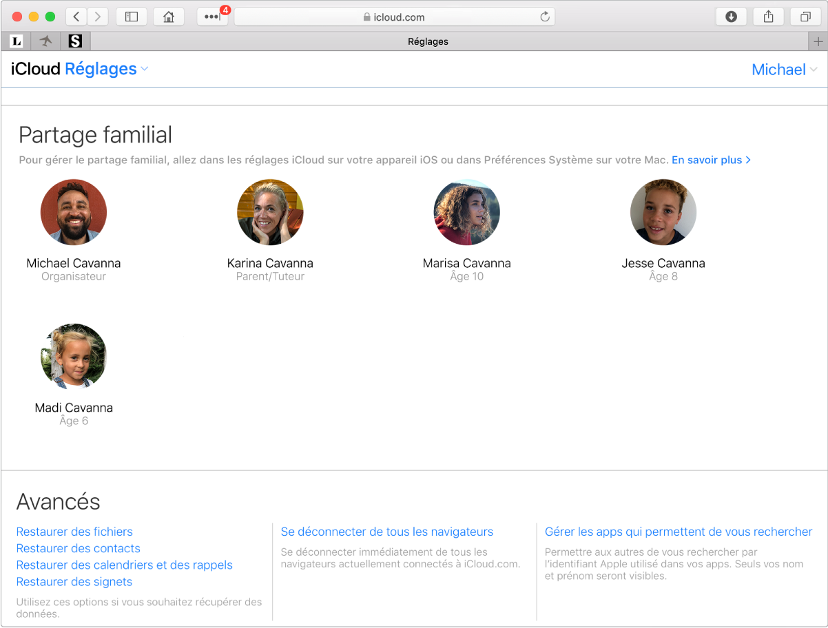 Fenêtre Safari présentant les réglages « Partage familial » sur iCloud.com.