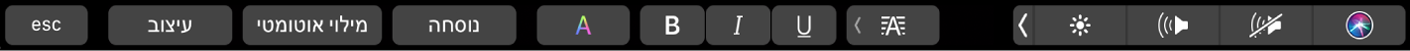 ה‑Touch Bar של Numbers עם כפתורים של ״עיצוב״, ״מילוי אוטומטי״ ו״נוסחה״. בנוסף קיימים כפתורים לעיצוב מלל עבור צבע, הדגשה, הטיה, קו תחתון ויישור.