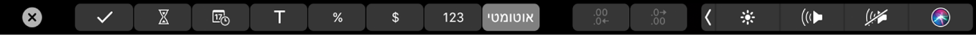 ה‑Touch Bar של Numbers עם כפתורי עיצוב מוצגים. הכפתורים כוללים מטבע, אחוז, מספרים, מלל, תאריך, משך זמן ורשימה.