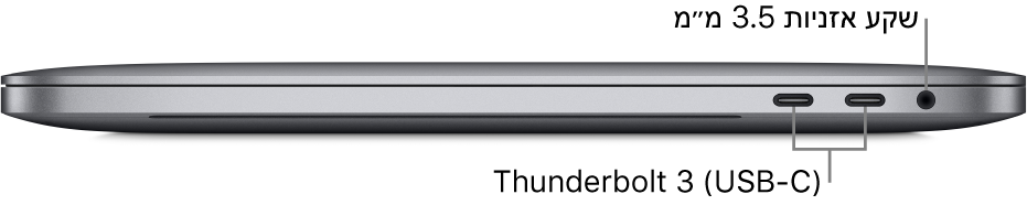 מבט מצד ימין על MacBook Pro עם סימונים לצד שתי היציאות של Thunderbolt 3 (USB-C) ושקע האוזניות בקוטר 3.5 מ״מ.