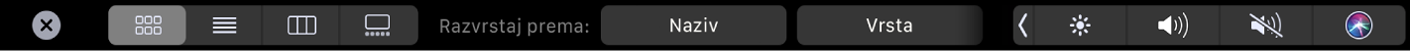 Touch Bar za Finder, s prikazanim opcijama za način prikaza i razvrstavanje.