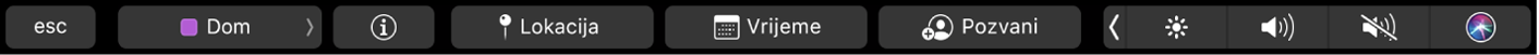 Touch Bar za Kalendar s tipkama za odabir kalendara, prikaz pojedinosti o događajima, uređivanje lokacije i vremena, i dodavanje pozvanih osoba.