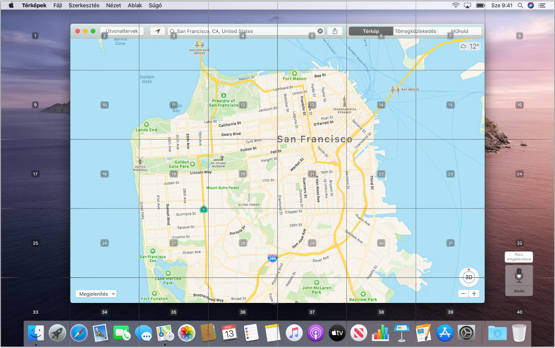 A megnyitott Térképek alkalmazás az Íróasztalon egy rácsrátéttel.