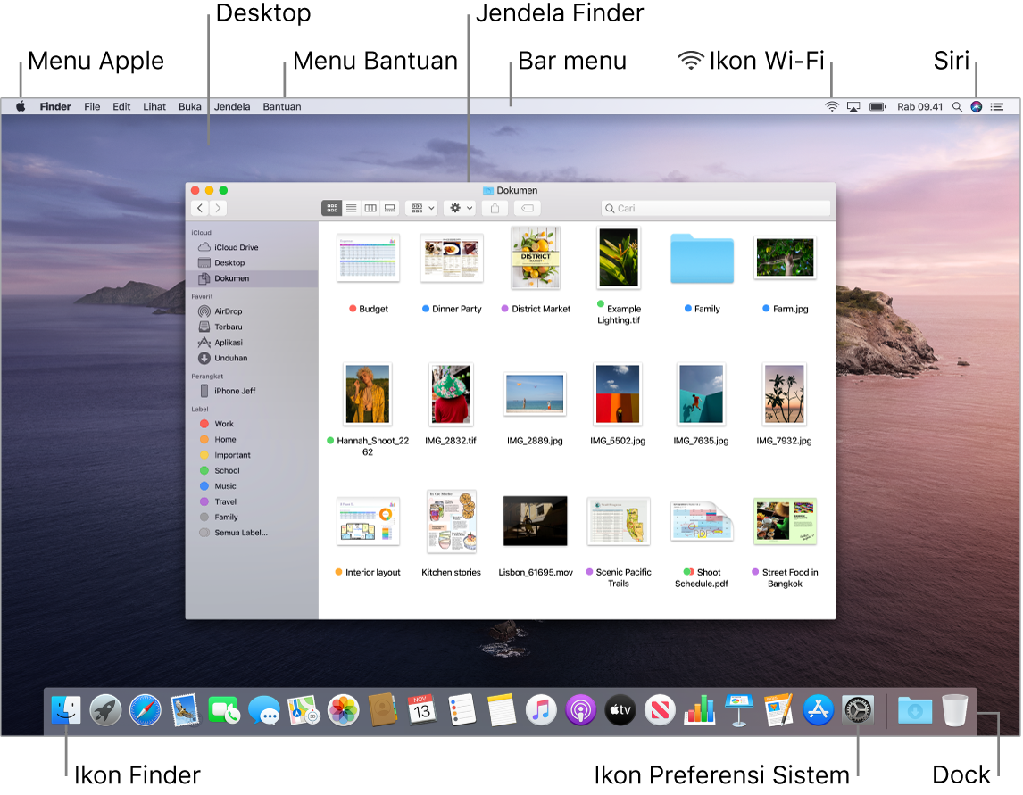 Layar Mac menampilkan menu Apple, desktop, menu Bantuan, jendela Finder, bar menu, ikon Wi-Fi, ikon Minta Siri, ikon Finder, ikon Preferensi Sistem, dan Dock.