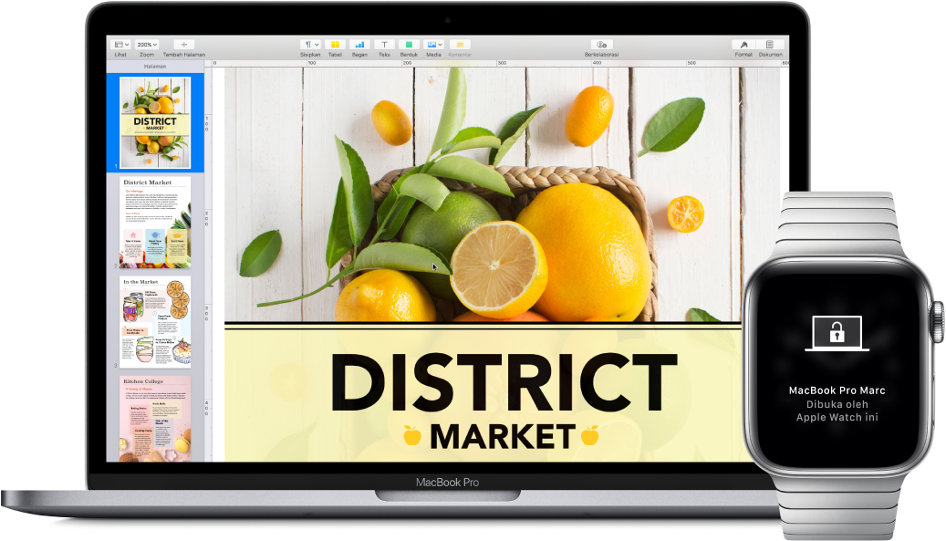 MacBook Pro, di samping Apple Watch menampilkan pesan bahwa Mac telah dibuka oleh Apple Watch.