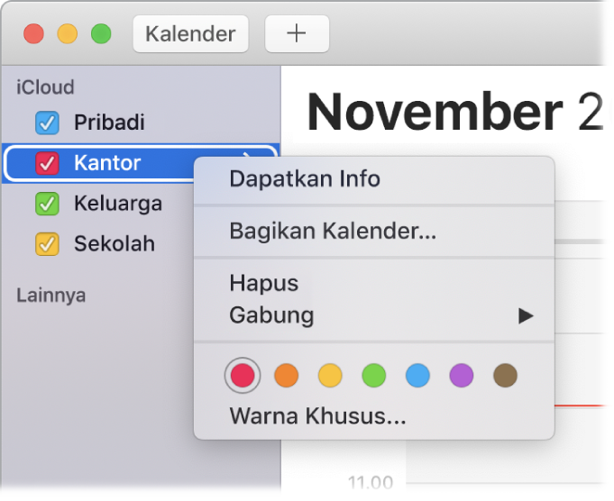 Menu pintasan Kalender dengan pilihan untuk menyesuaikan warna kalender.