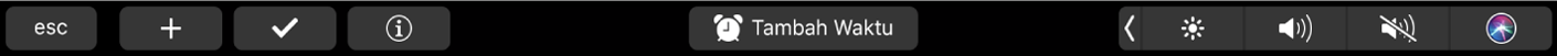 Touch Bar Pengingat dengan tombol untuk pengingat baru, centang, benderai, info, Tambah waktu, dan Tambah Lokasi.