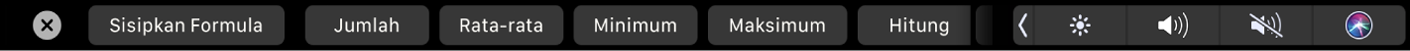 Touch Bar Numbers menampilkan tombol Formula. Formula meliputi jumlah, rata-rata, minimum, maksimum, dan hitung.