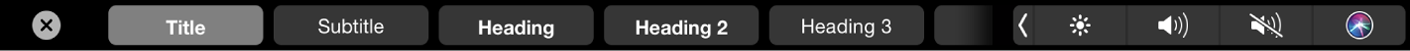 Атауды, тақырыпты және субтитрді қамтитын ежені пішімдеу мәнерлерін көрсетіп тұрған Pages Touch Bar.