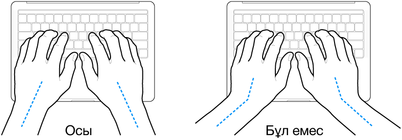 Білек пен қолдың дұрыс және дұрыс емес туралауын көрсетіп тұрған үстінде қолдар бар пернетақта.