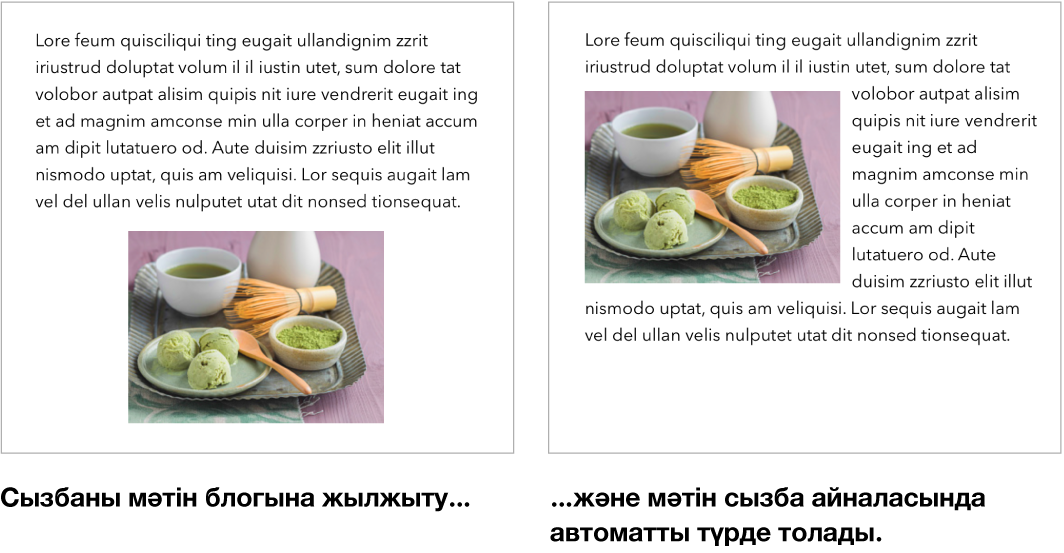 Мәтіннің сызбалар арасында тасымалдану жолын көрсетіп тұрған Pages терезесі.