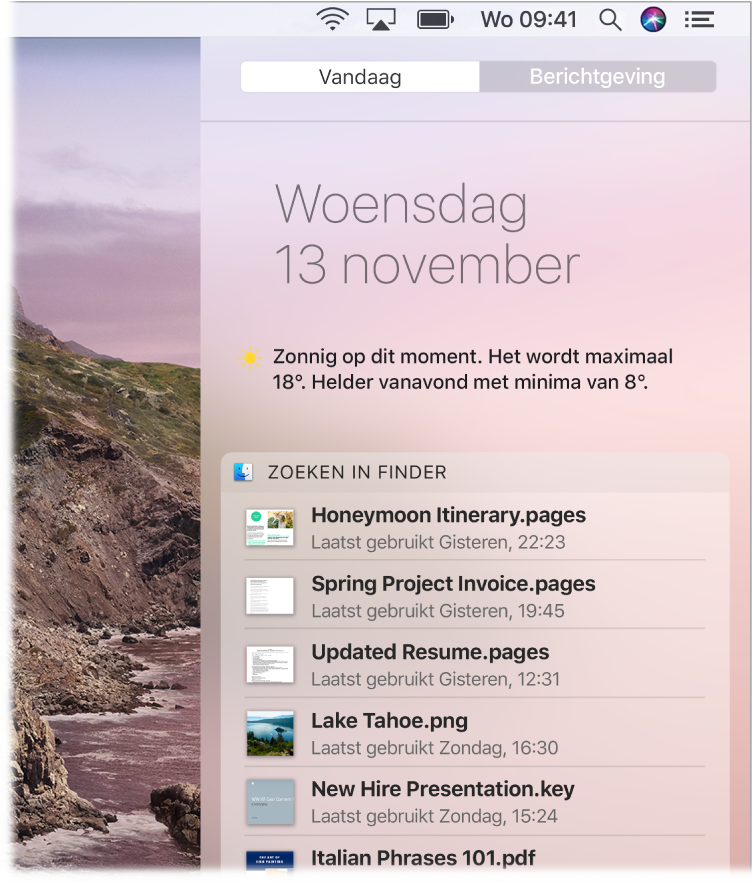 Een gedeelte van een bureaublad waarop het berichtencentrum is geopend en waarin de tab 'Vandaag' is geselecteerd.