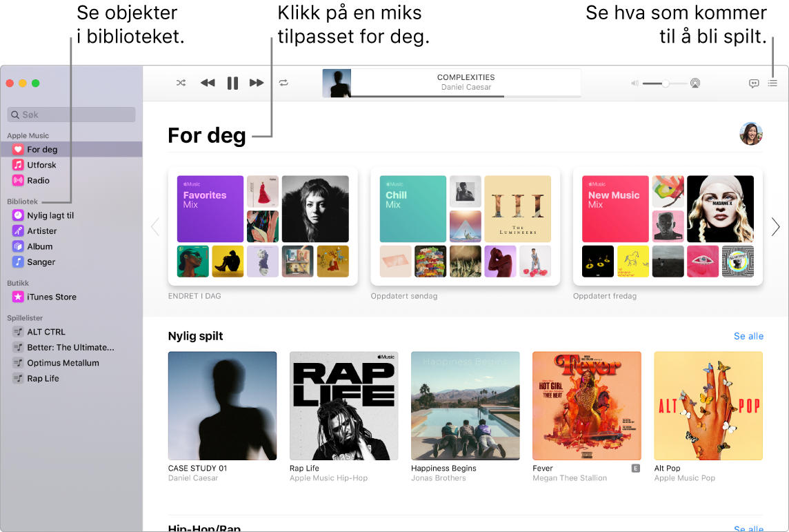 Et Musikk-programvindu som viser hvordan du kan vise biblioteket, lytte til Apple Music og se neste sang.