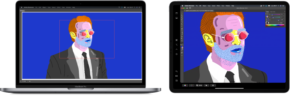 En MacBook Pro og iPad ved siden av hverandre. MacBook Pro viser kunst i navigasjonsvinduet i Illustrator. iPad viser den samme kunsten i dokumentvinduet i Illustrator, omgitt av verktøylinjer.
