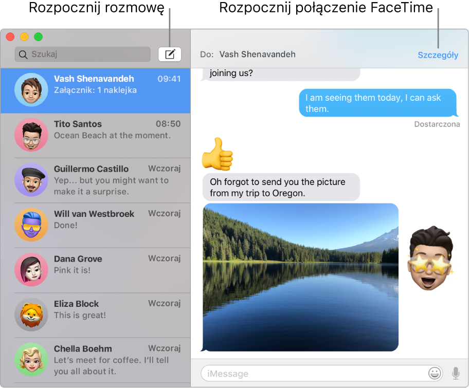 Okno aplikacji Wiadomości z opisami przycisków rozpoczynania rozmowy oraz połączenia FaceTime.