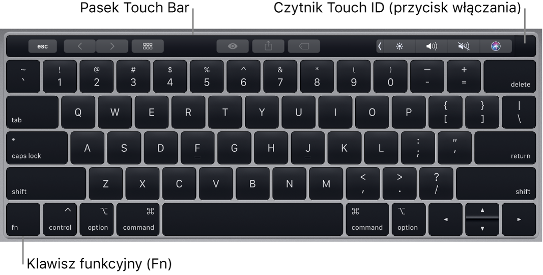 Klawiatura MacBooka Pro. Na górze znajduje się pasek Touch Bar oraz Touch ID (przycisk włączania), natomiast w lewym dolnym rogu widoczny jest klawisz Fn.