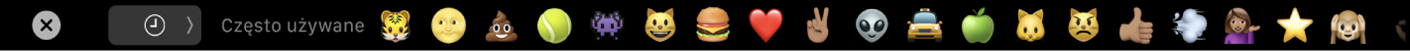Pasek Touch Bar aplikacji Wiadomości zawierający często używane ikony emoji oraz przycisk wyboru kategorii emoji.